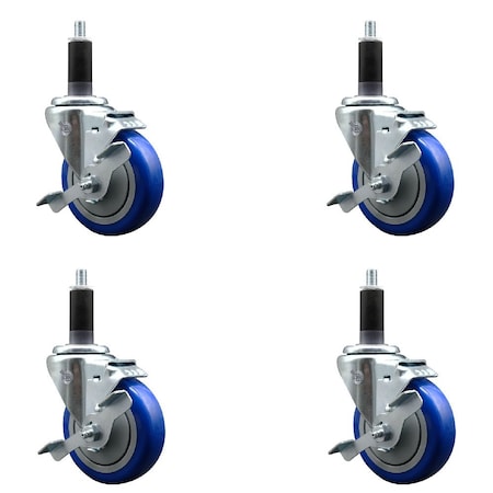 Service Caster 4'' Blue Poly Swivel 1-1/8'' Expanding Stem Caster Set with Brake, 4PK SCC-EX20S414-PPUB-BLUE-TLB-118-4